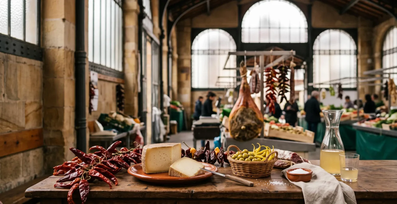 Étal généreux de produits basques traditionnels dans une halle couverte lumineuse de Biarritz
