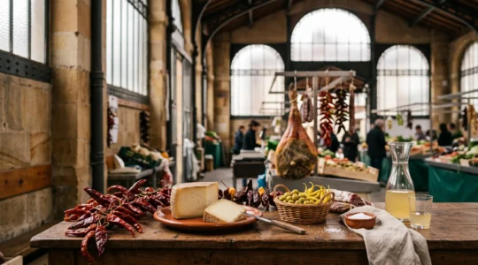 Étal généreux de produits basques traditionnels dans une halle couverte lumineuse de Biarritz