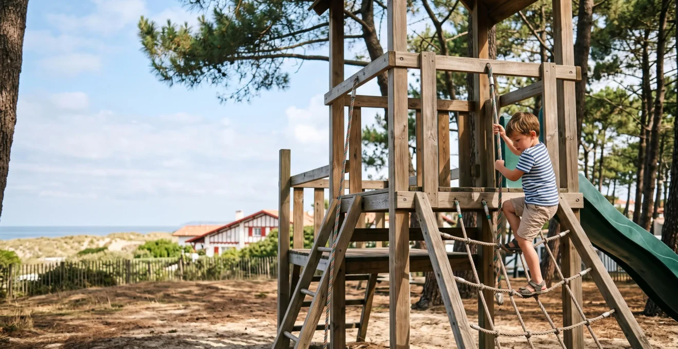 Enfant jouant en toute securite sur une aire de jeux ombragee dans un camping pres de l'ocean a Biarritz