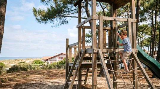 Enfant jouant en toute securite sur une aire de jeux ombragee dans un camping pres de l'ocean a Biarritz