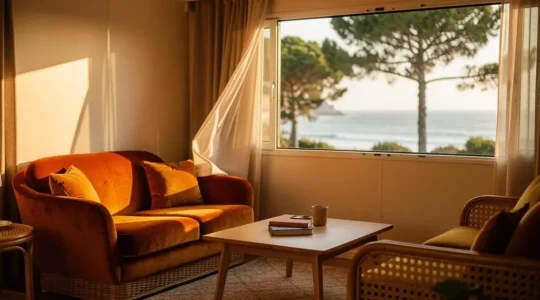Intérieur chaleureux d'un mobil-home décoré dans un esprit rétro années 70 avec vue sur la côte basque