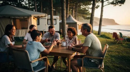 Groupe d'amis de vacances partageant un moment convivial au coucher du soleil dans un camping proche de l'océan à Biarritz