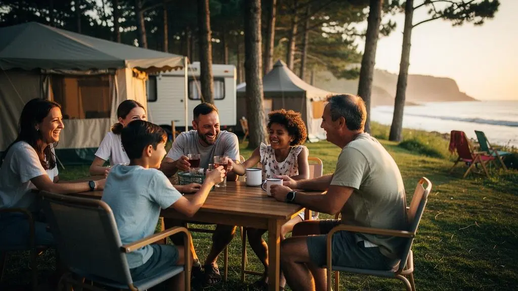 Groupe d'amis de vacances partageant un moment convivial au coucher du soleil dans un camping proche de l'océan à Biarritz