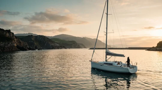 Voilier habitable quittant un port abrité de la côte basque au lever du soleil, symbole de l'autonomie acquise en quinze jours d'apprentissage à Biarritz