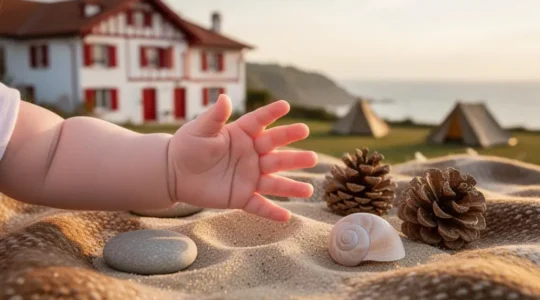 Bebe explorant des elements naturels sur une plage du Pays Basque pres d'un camping a Biarritz