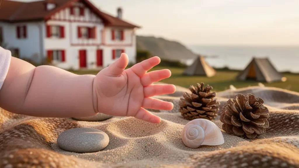 Bebe explorant des elements naturels sur une plage du Pays Basque pres d'un camping a Biarritz