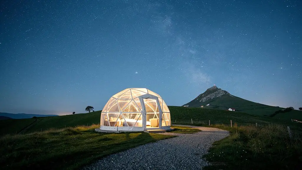 Bulle d'hébergement transparente installée sur une colline verdoyante du Pays Basque, sous un ciel étoilé avec le sommet de la Rhune en silhouette au loin