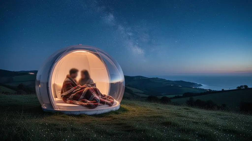 Bulle transparente installée en pleine nature au crépuscule avec vue sur les collines du Pays Basque et un ciel étoilé, ambiance romantique