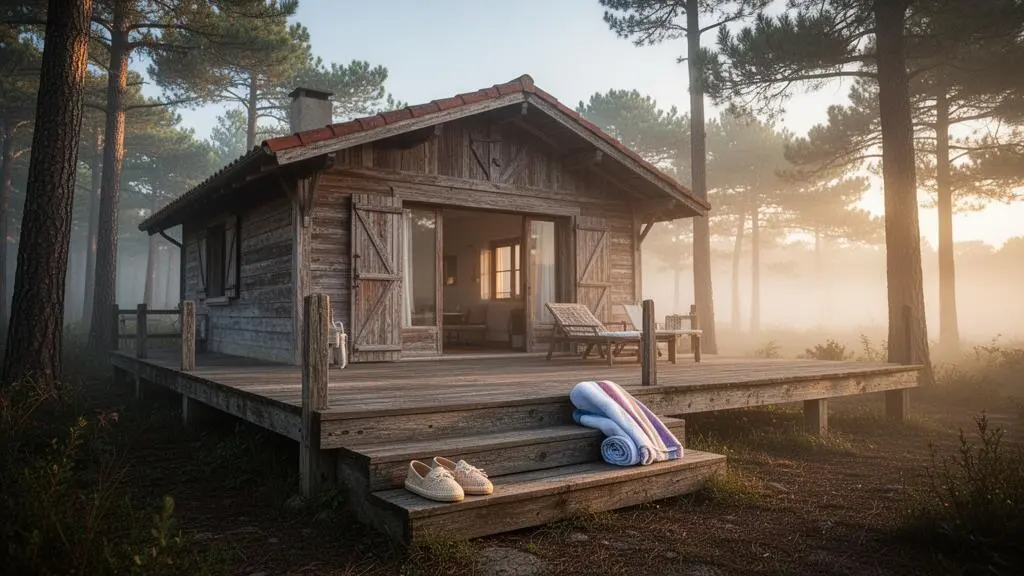 Bungalow en bois traditionnel avec terrasse ouverte sur une pinède, incarnant l'esprit camping authentique près de Biarritz