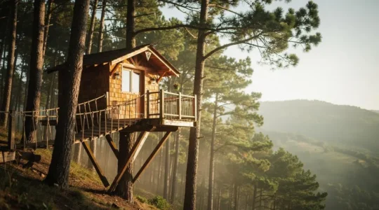 Cabane en bois perchée dans un arbre au-dessus d'une forêt de pins près de la côte basque, ambiance sereine au lever du jour