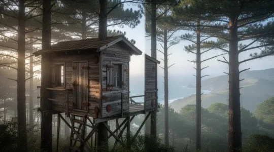 Cabane en bois perchée dans la canopée d'une forêt basque avec vue lointaine sur l'océan Atlantique près de Biarritz