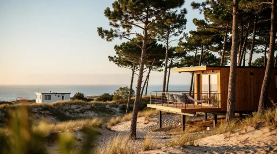 Cabane perchée en bois avec vue sur l'océan Atlantique près de Biarritz, symbole de l'investissement dans l'hébergement insolite