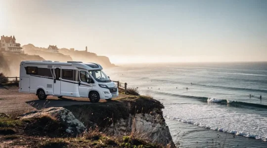 Camping-car stationné face à l'océan Atlantique au coucher du soleil près de Biarritz, symbolisant un voyage de plusieurs mois en Europe