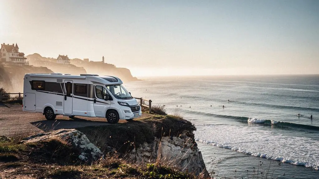Camping-car stationné face à l'océan Atlantique au coucher du soleil près de Biarritz, symbolisant un voyage de plusieurs mois en Europe