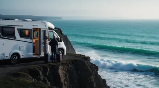 Camping-car stationné face à l'océan Atlantique près de Biarritz au lever du soleil, symbolisant le choix du couchage pour un couple en voyage