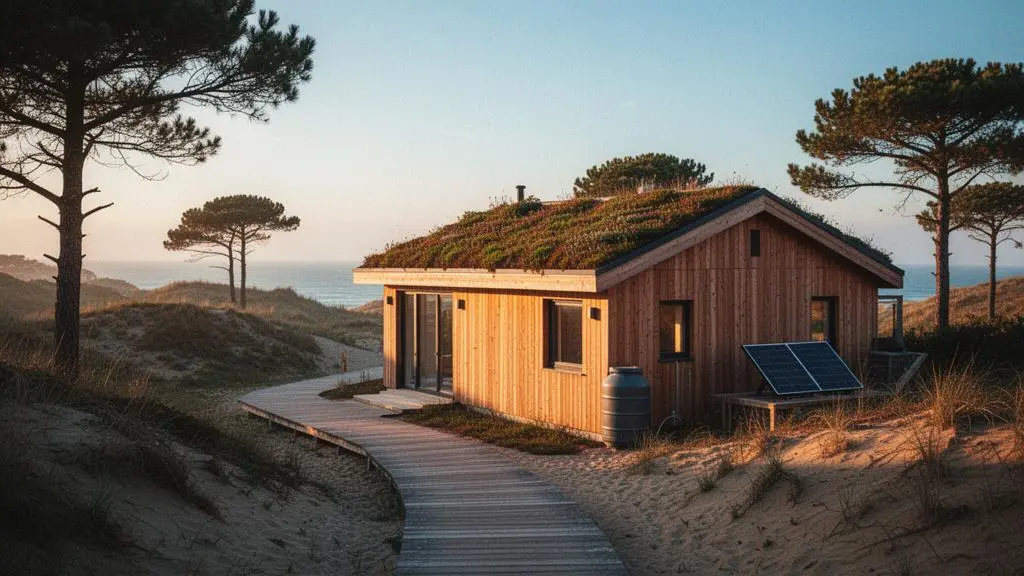 Cabane en bois nichée dans la pinède littorale près de Biarritz, symbole d'un hébergement de camping réellement écologique