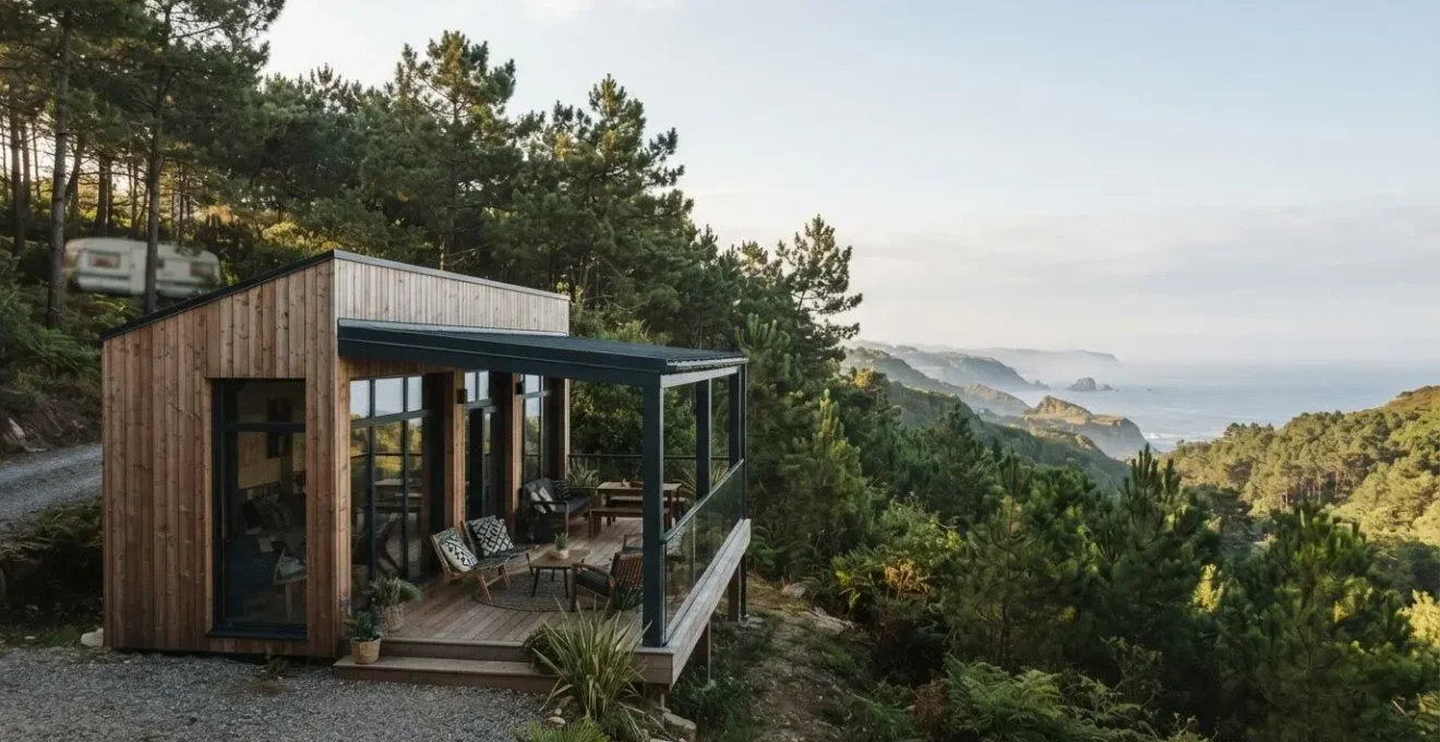 Chalet en bois avec terrasse face a l'ocean pres de Biarritz, illustrant le choix entre chalet et mobil-home en camping