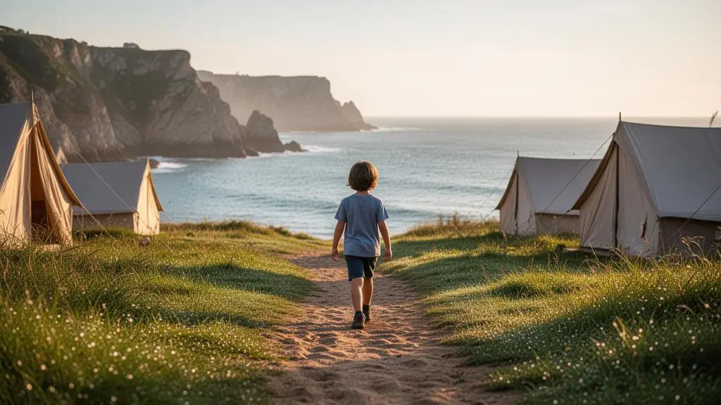 Un enfant marche seul et confiant vers l'ocean au petit matin dans un camping de la cote basque pres de Biarritz