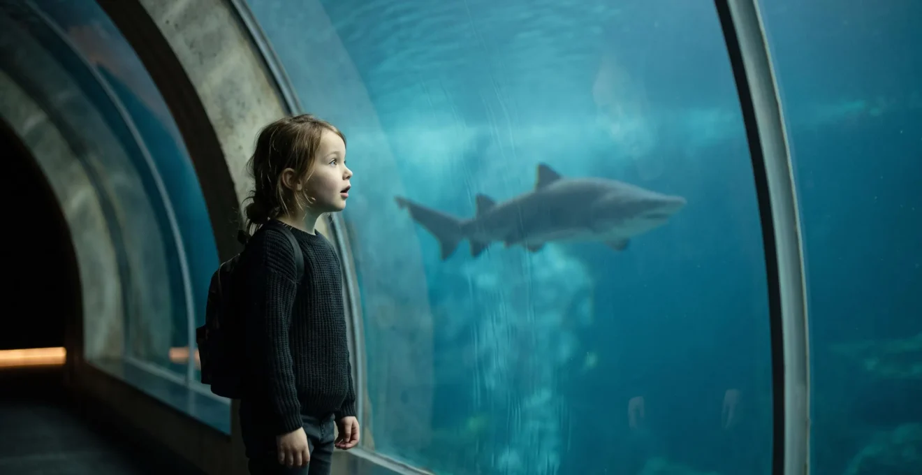 Enfant émerveillé face à un immense bassin de requins dans un aquarium au bord de l'océan Atlantique, ambiance côte basque