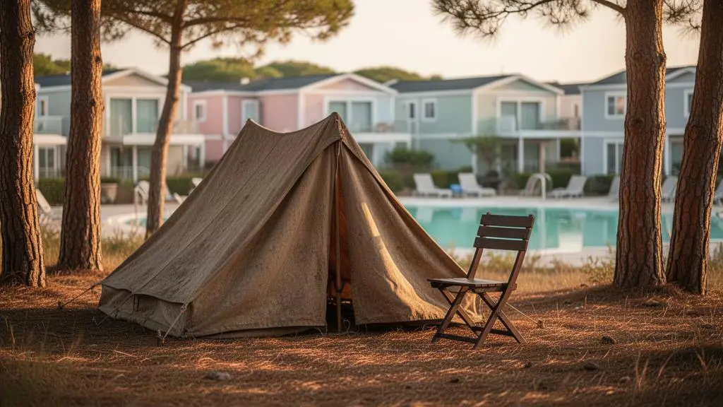 Contraste visuel entre la simplicite authentique d'un camping traditionnel et le confort standardise d'un camping haut de gamme sur la cote basque