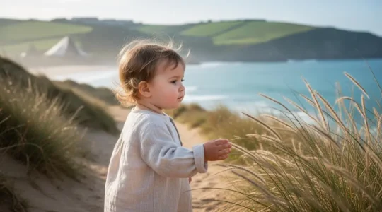 Bébé explorant sereinement un environnement naturel de bord de mer près d'un camping à Biarritz, symbole d'éveil et de sécurité