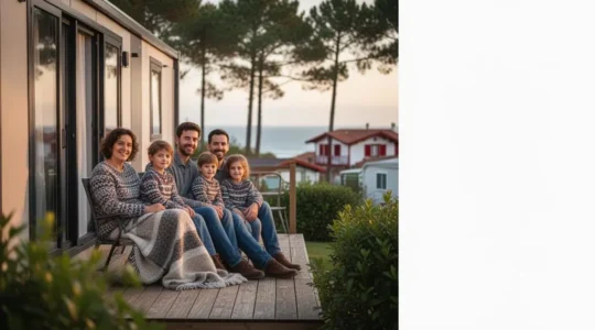 Famille de cinq personnes profitant de la terrasse de leur mobil-home dans un camping arboré proche de Biarritz