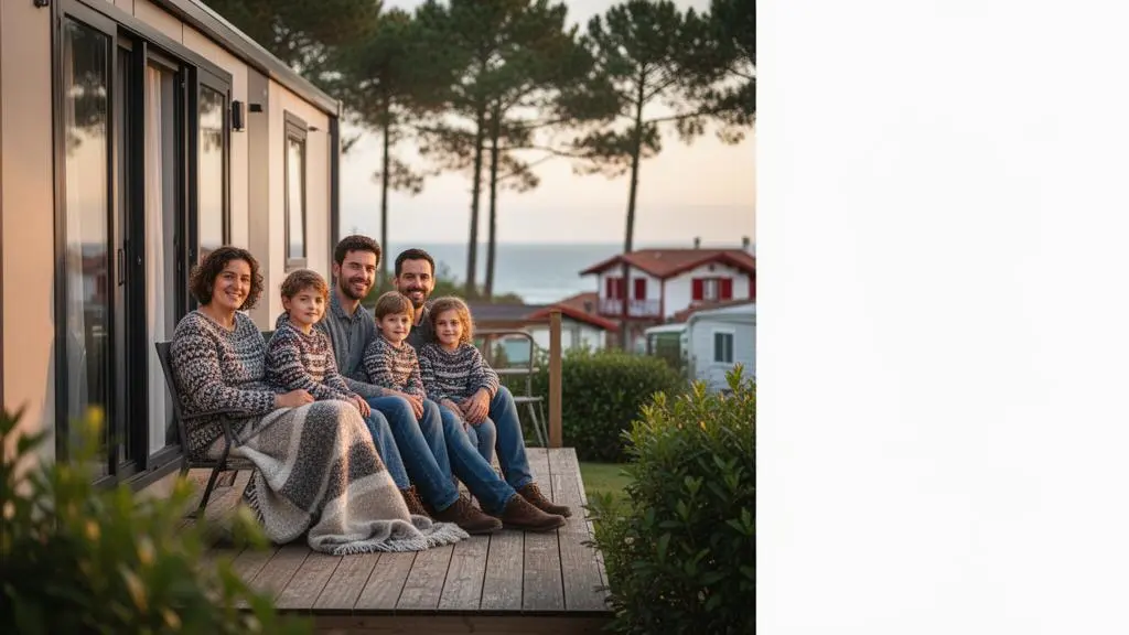 Famille de cinq personnes profitant de la terrasse de leur mobil-home dans un camping arboré proche de Biarritz