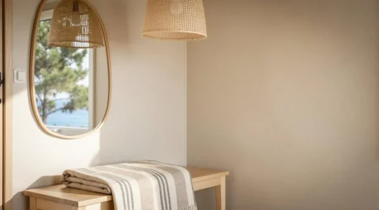 Intérieur de mobil-home rénové dans un style moderne épuré avec touches inspirées de la Côte Basque