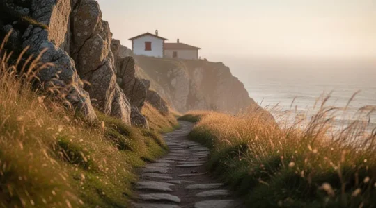Sentier côtier discret surplombant l'océan Atlantique près de Biarritz, loin des foules touristiques