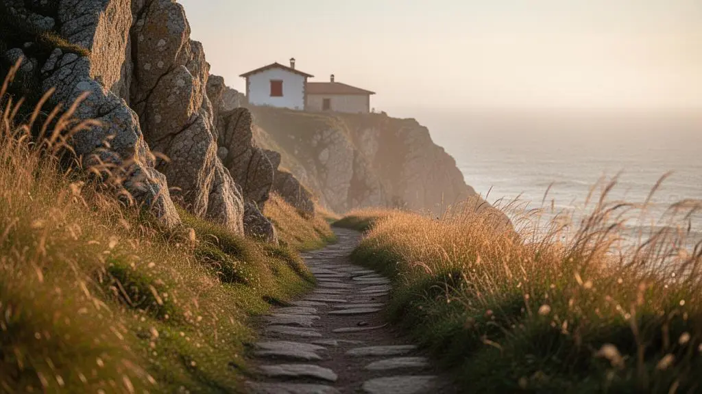 Sentier côtier discret surplombant l'océan Atlantique près de Biarritz, loin des foules touristiques