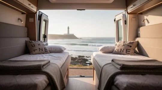 Interieur d'un camping-car stationne face a l'ocean a Biarritz, illustrant le choix entre lits jumeaux et lit double