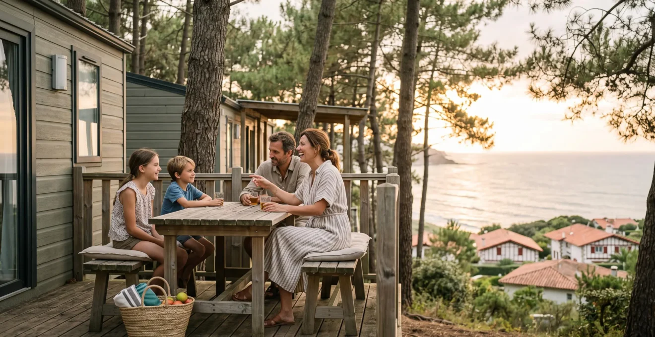 Famille profitant d'une terrasse de mobil-home ombragee dans un camping pres de l'ocean a Biarritz en haute saison