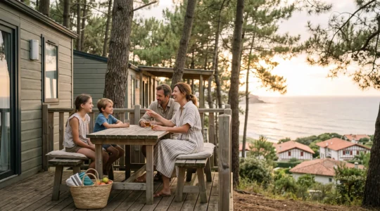 Famille profitant d'une terrasse de mobil-home ombragee dans un camping pres de l'ocean a Biarritz en haute saison