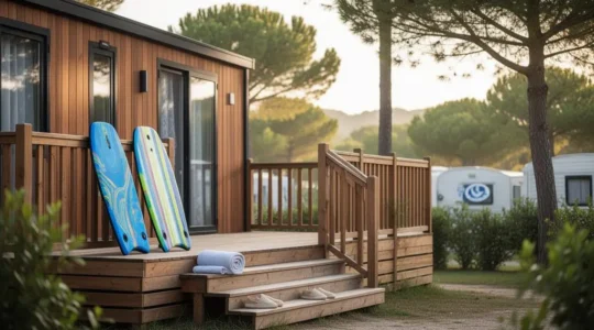 Famille de quatre personnes devant un mobil-home avec terrasse en bois sur la Côte Basque près de Biarritz