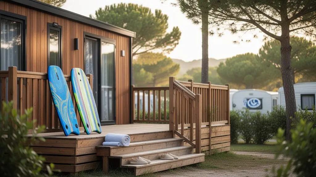 Famille de quatre personnes devant un mobil-home avec terrasse en bois sur la Côte Basque près de Biarritz