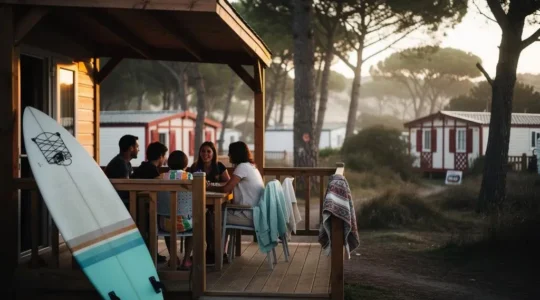 Famille profitant de la terrasse d'un mobil-home à l'agencement classique dans un camping du Pays Basque, à Biarritz