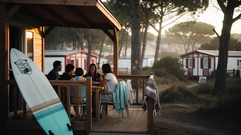 Famille profitant de la terrasse d'un mobil-home à l'agencement classique dans un camping du Pays Basque, à Biarritz