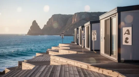 Rangée de mobil-homes dans un camping du littoral basque avec vue sur l'océan à Biarritz, illustrant le cadre légal de l'hébergement de loisirs