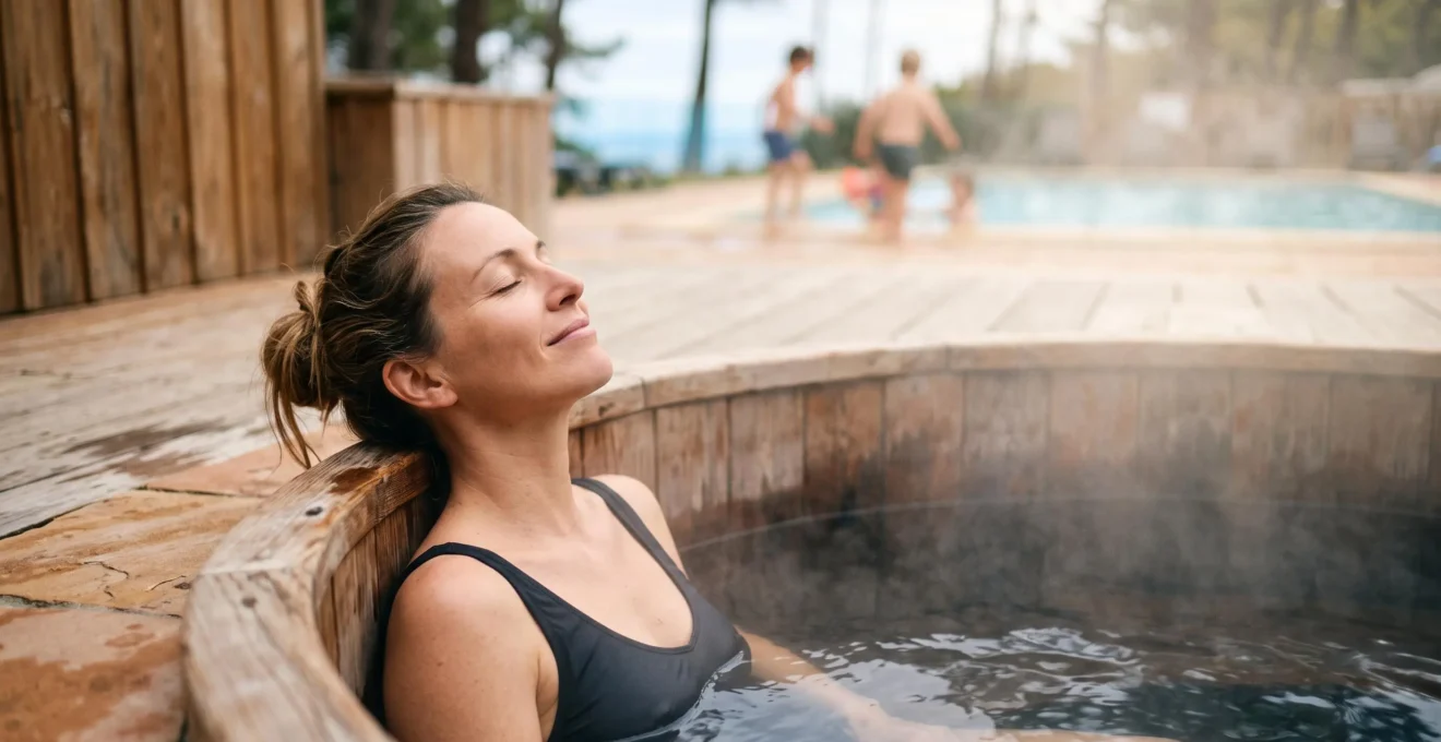 Parent savourant un moment de détente dans un spa de camping au Pays Basque pendant que les enfants s'amusent en arrière-plan flou