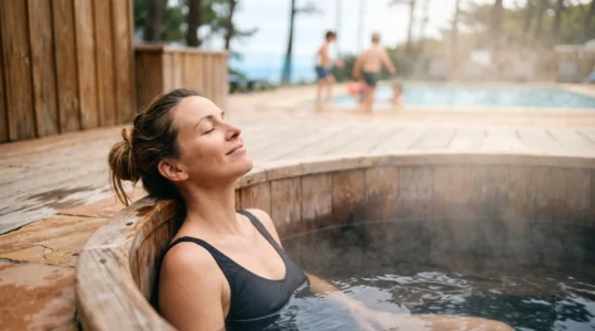 Parent savourant un moment de détente dans un spa de camping au Pays Basque pendant que les enfants s'amusent en arrière-plan flou