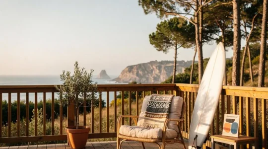 Terrasse en bois d'un mobil-home personnalisé avec des touches déco inspirées du Pays Basque face à l'océan à Biarritz