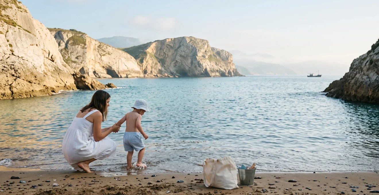 Jeune enfant et sa mere au bord d'une crique abritee de Biarritz au petit matin, embleme d'une baignade familiale securisee