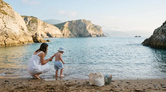 Jeune enfant et sa mere au bord d'une crique abritee de Biarritz au petit matin, embleme d'une baignade familiale securisee