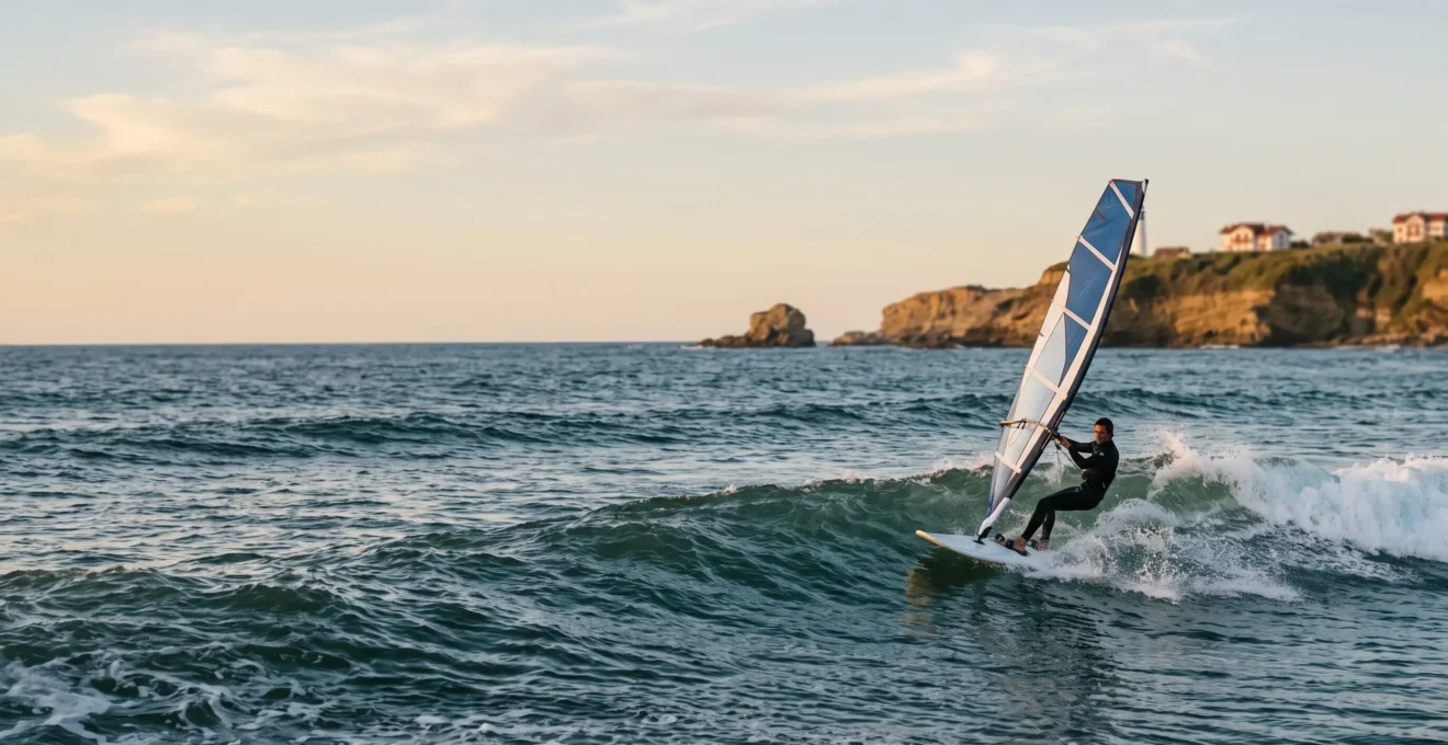 Véliplanchiste glissant sur une vague au large de la Côte des Basques à Biarritz, falaises basques en arrière-plan