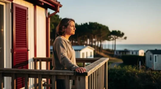 Propriétaire pensif accoudé à la terrasse de son mobil-home dans un camping proche de Biarritz, s'interrogeant sur la rentabilité de son investissement