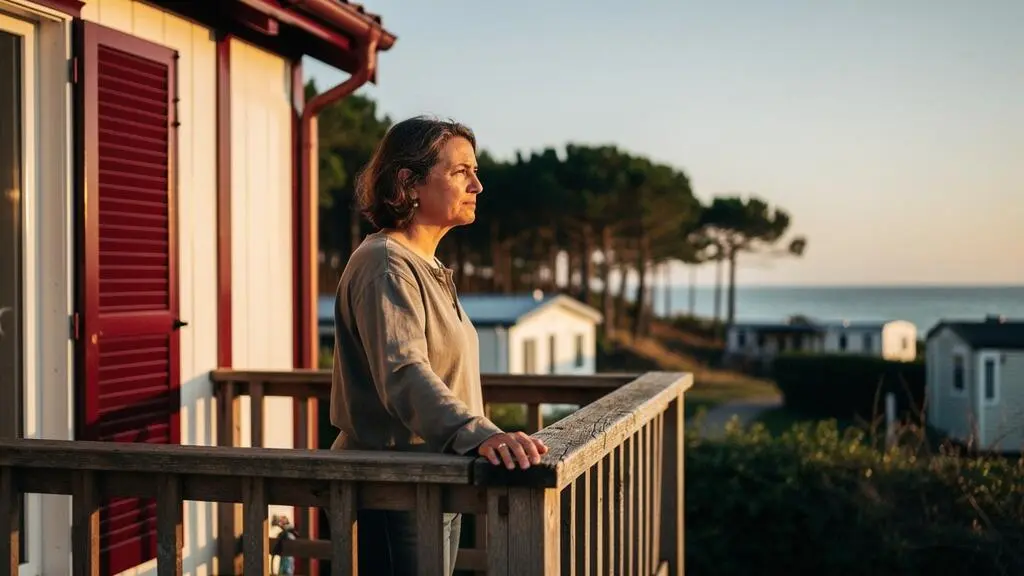 Propriétaire pensif accoudé à la terrasse de son mobil-home dans un camping proche de Biarritz, s'interrogeant sur la rentabilité de son investissement