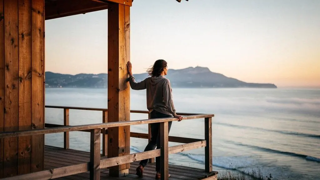 Silhouette au lever du jour face à l'océan Atlantique depuis un hébergement insolite du Pays Basque, symbolisant la régénération mentale par une expérience originale