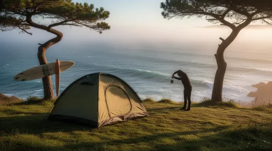 Tente de camping installée face à l'océan Atlantique près de Biarritz au petit matin, ambiance sereine du Pays Basque