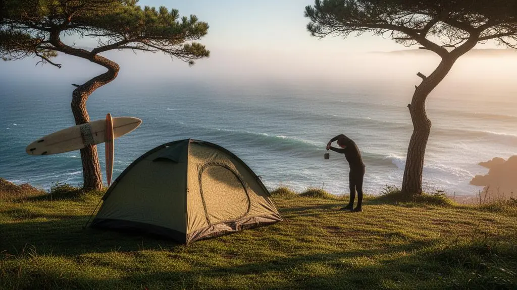 Tente de camping installée face à l'océan Atlantique près de Biarritz au petit matin, ambiance sereine du Pays Basque