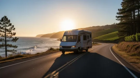Camping-car roulant sur une route côtière au coucher du soleil entre l'océan Atlantique et les collines de Nouvelle-Aquitaine